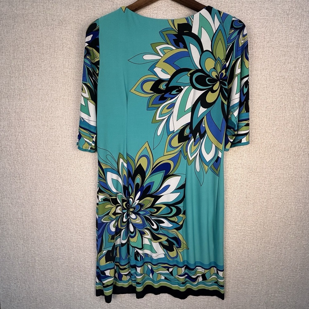 Sandra Darren Size 8 Teal Floral Medallion Sheath Dress Elbow Sleeve - Picture 2 of 11